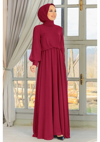Tesettürlü Abiye Elbise - Kolları Dantelli Bordo Tesettür Abiye Elbise 54030BR