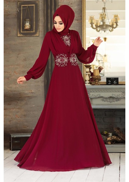 Neva Style - Dantelli Bordo Tesettür Abiye Elbise 9118BR