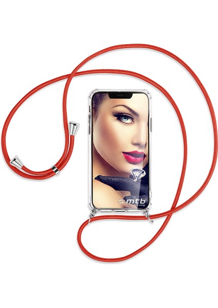 Oppo Reno 5 Lite Kılıf Boyun - Omuz Askılı Köşe Korumalı Kırmızı Ipli Şeffaf Silikon