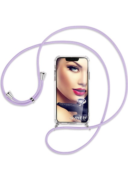 Oppo Reno 5 Lite Kılıf Boyun - Omuz Askılı Köşe Korumalı Lila Ipli Şeffaf Silikon