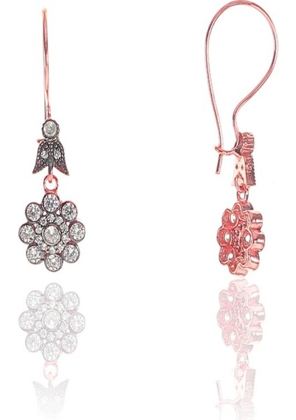 Gümüş Rose Zirkon Taşlı Elmas Montürlü Çiçek Modeli Küpe