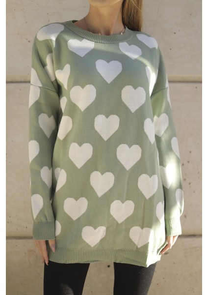 Kadın Su Yeşili Kalp Desenli Oversize Kazak modelleri