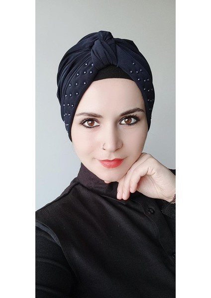 Kadın Tesettür Inci Düğüm Bone Lacivert