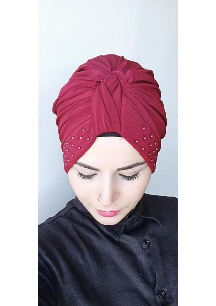 Kadın Tesettür Inci Düğüm Bone Bordo