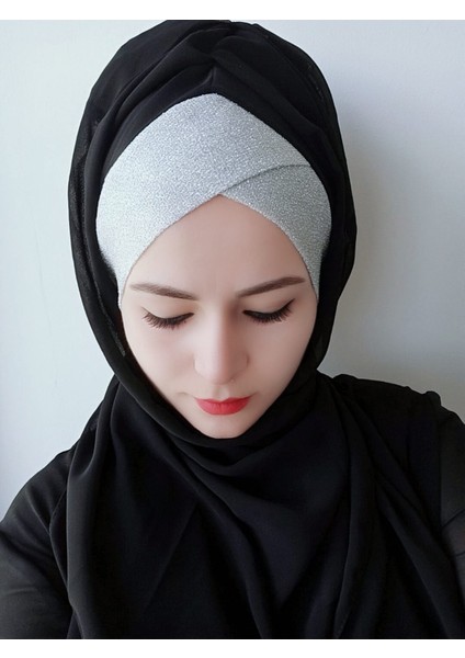 Kadın Modern Tek Bant Simli Hazır Şal Siyah-Gümüş