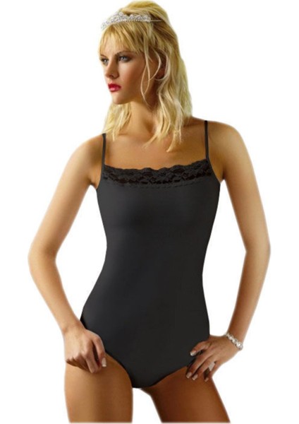 Anıt Ip Askılı Dantelli Pamuk Likralı Kadın Body Siyah