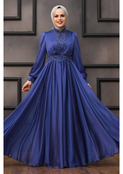 Tesettürlü Abiye Elbise - Dantelli Indigo Tesettür Abiye Elbise 21540IM