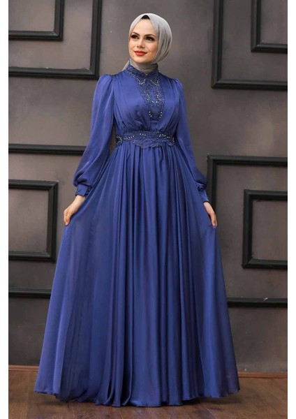 Tesettürlü Abiye Elbise - Dantelli Indigo Tesettür Abiye Elbise 21540IM