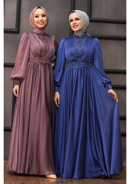 Tesettürlü Abiye Elbise - Dantelli Indigo Tesettür Abiye Elbise 21540IM
