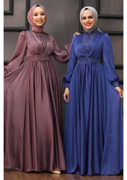 Tesettürlü Abiye Elbise - Dantelli Indigo Tesettür Abiye Elbise 21540IM