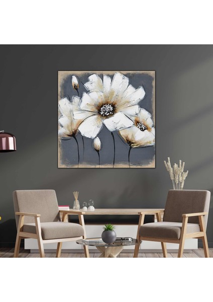 Yağlı Boya Efektli Pırlanta Çiçek Modern Dekorasyon Kanvas Tablo