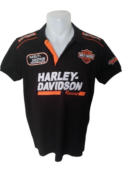 Erkek Polo Yakalı Harley Davidson Baskılı Aplikeli Kısa Kollu Siyah Tişört Etp-Hd indirimleri