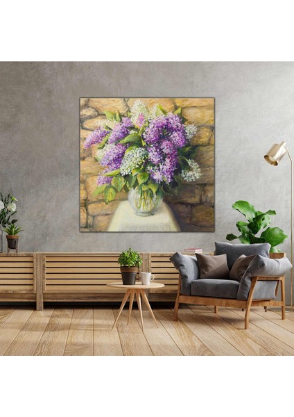 Yağlı Boya Efektli Cam Vazo Mor Çiçek Erguvan Kanvas Tablo