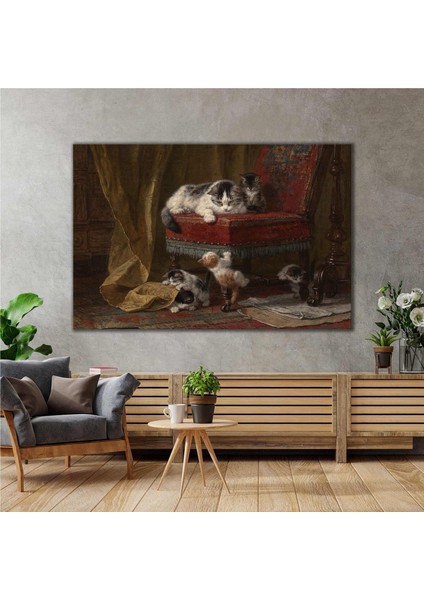 Kedi Ve Yavruları Modern Sanat Yağlı Boya Efektli Kanvas Tablo
