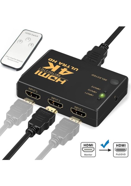 HDMI Çoklayıcı 3 Port 4K Kumandalı Ultra Hd HDMI Switch Splitter