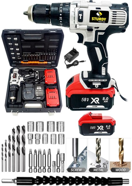 Power Tools  58V6AH Lion Çift Akülü Darbeli Şarjlı Matkap Vidalama 27 Parça Setli