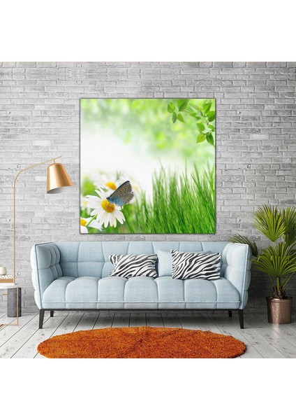 Papatyaya Konmuş Kelebek Makro Çekim Orman Yeşil Ağaç Huzur Manzara Kanvas Tablo