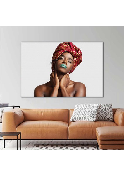 Kırmızı Eşaplı Afrikalı Kadın Model Turkuaz Ruj Makyaj Etnik Kanvas Tablo