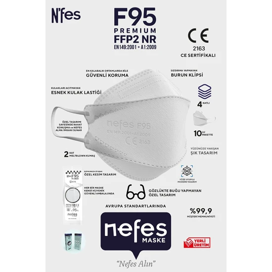 Nefes F95 / Ffp2 Premium Kore Tipi Ce-Iso Sertifikalı Tek Paketli Maske 10'lu