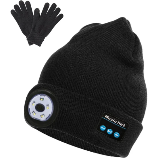 Strade Store Bluetooth LED Beanie Şapka Şarj Edilebilir El-Serbest Far Mic Hoparlör Şapkalar Siyah Eldivenli  (Yurt Dışından)