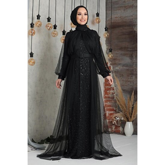 Neva Style  Tesettürlü Abiye Elbise - Pul Payetli Siyah Tesettür Abiye Elbise 5441S