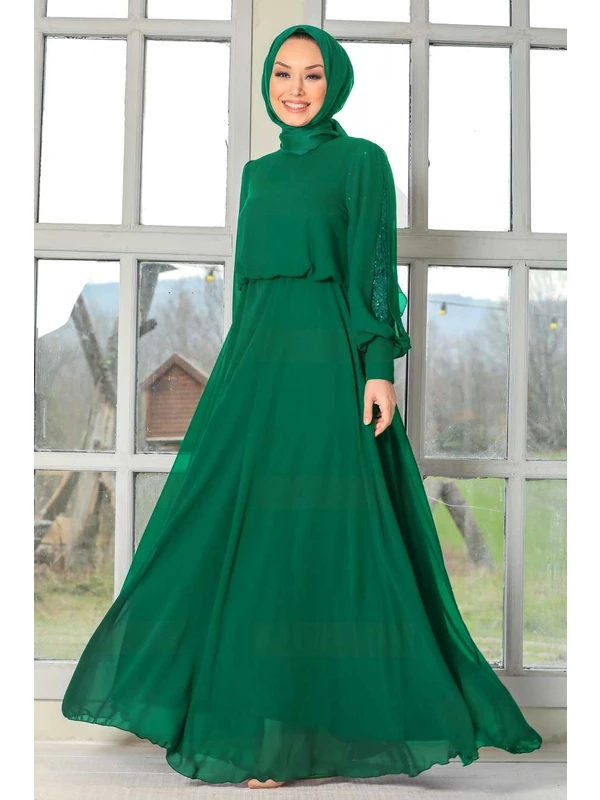 Neva Style Tesettürlü Abiye Elbise - Kolları Dantelli Yeşil Tesettür Abiye Elbise 54030Y