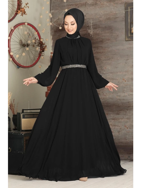 Neva Style  Tesettürlü Abiye Elbise - Balon Kol Siyah Tesettür Abiye Elbise 5339S
