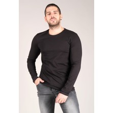 Giyim Dünyası Erkek Sıfır Yaka Uzun Kol Basic T-Shirt Siyah