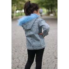 Riccotarz Kız Çocuk Mavi Kürklü Kapüşonlu Kot Ceket