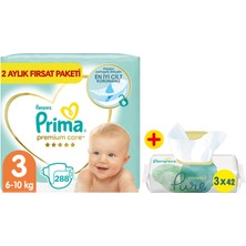 Prima Bebek Bezi Premium Care 3 Beden 288'LI 2 Aylık Fırsat Paketi + Pure 3'lü Islak Havlu 126 Yaprak