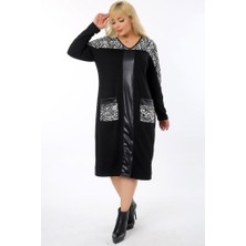 Kheos Zebra Desen Deri Detaylı V Yaka Cepli Rahat ve Tarz Elbise