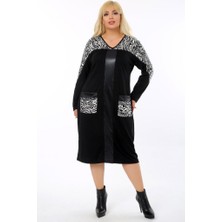 Kheos Özel Tasarım Deri Detaylı Zebra Desen V Yaka Cepli Tarz Elbise