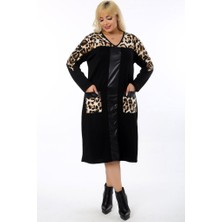 Kheos Özel Tasarım Deri Detaylı Leopar Desen V Yaka Cepli Tarz Elbise