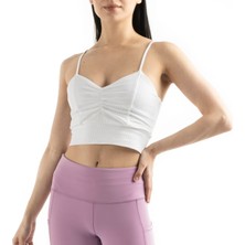 The Step Sports Beyaz Kadın Askılı Astarlı Pamuklu Fitilli Örme Crop Büstiyer Bluz