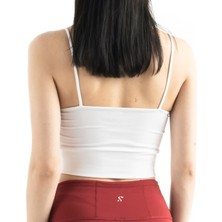 The Step Sports Beyaz Kadın Askılı Astarlı Pamuklu Fitilli Örme Crop Büstiyer Bluz