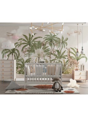 Özel Duvarlar Çocuk Odası Duvar Kağıdı Safari Hayvanları ve Tropikal Ağaçlar