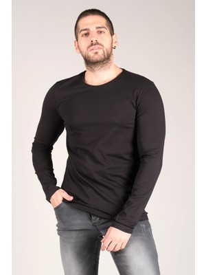 Giyim Dünyası Erkek Sıfır Yaka Uzun Kol Basic T-Shirt Siyah