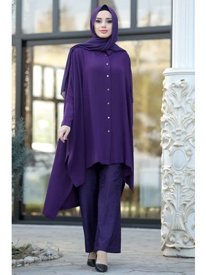 Neva Style Tesettürlü Abiye Elbise - Tunik & Pantolon Mor Tesettür Abiye Takım 3754MOR