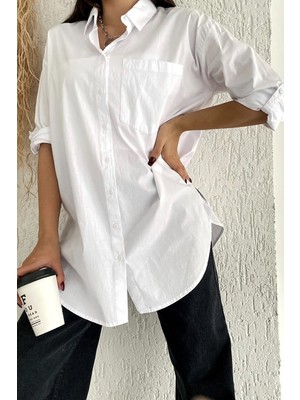 Furkan Exclusive Kadın Beyaz Tek Cepli Katlanır Kol Basic Pamuk Gömlek