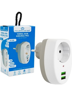 Powermaster PM-4911 Çift USB'li Beyaz Tekli Akım Korumalı Priz