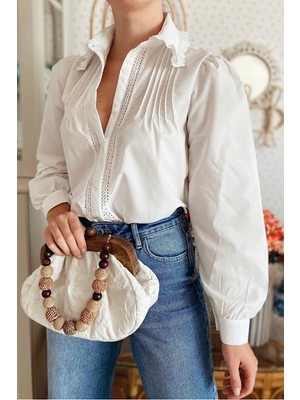 Furkan Exclusive Kadın Beyaz Yakası Fisto Drape Detaylı Pamuklu Gömlek