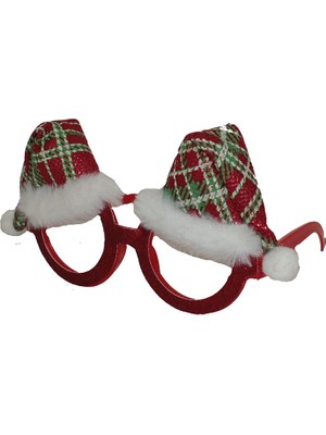 Pandoli Simli Kırmızı Renk Ekoseli Noel Baba Şapkası Şeklinde Camsız Yılbaşı Gözlüğü