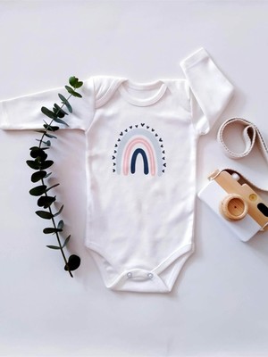 Limon Gökkuşağı Kalpli Uzun Kol Organik Baskı Bebek Body