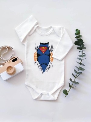 Limon Superman Kostüm Uzun Kol Organik Baskı Bebek Body