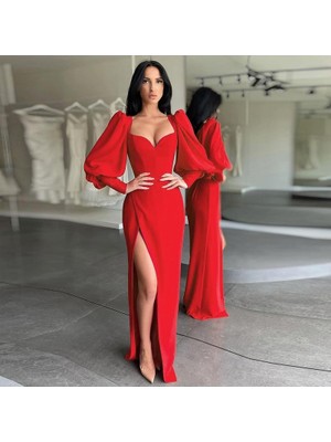 Bomestida Kadın Kırmızı Balon Kol Kalp Yaka Yırtmaçlı Uzun Abiye Elbise