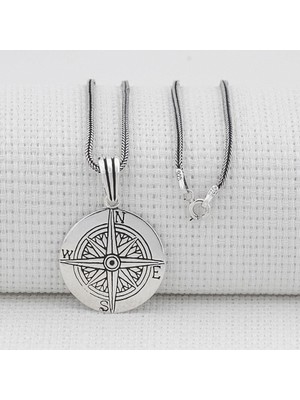 Takılingo Sade Pusula Tasarım 925 Ayar Gümüş Erkek Kolye