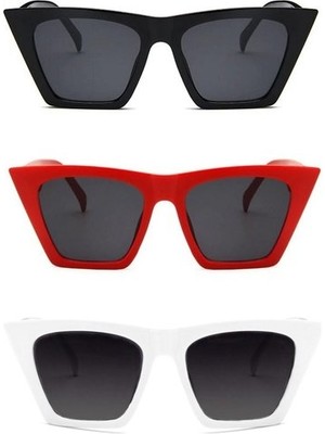 herkesetoptantic 3'lü Cat Eye Oval Güneş Gözlüğü (Siyah - Beyaz - Kırmızı)