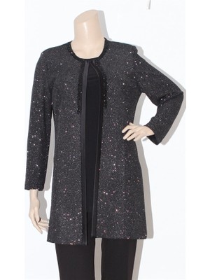 Ladies First Büyük Beden 3033 Siyah-Gümüş Ceket ve Atlet İkili Takım Kadınlar İçin Şık Seçim