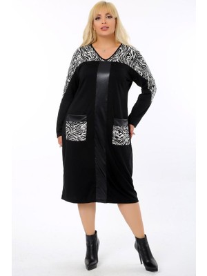 Kheos Özel Tasarım Deri Detaylı Zebra Desen V Yaka Cepli Tarz Elbise