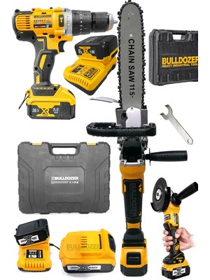 Bulldozer Predator 36V Şarjlı Testere ve Taşlama+Bulldozer Xfuel Darbeli Çift Akülü Şarjlı Vidalama